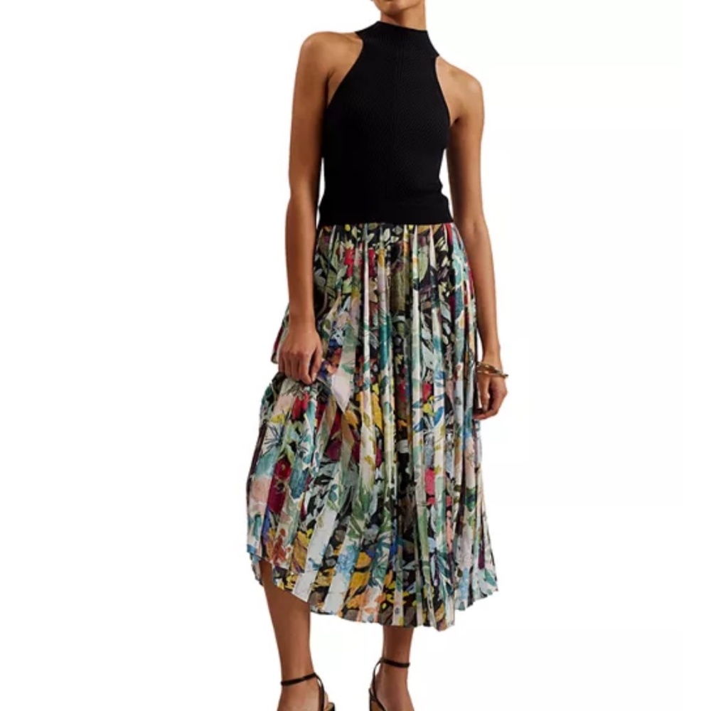 NWT Ted Baker Corino Mockable Pleated Midi Dress with Floral Print Skirt